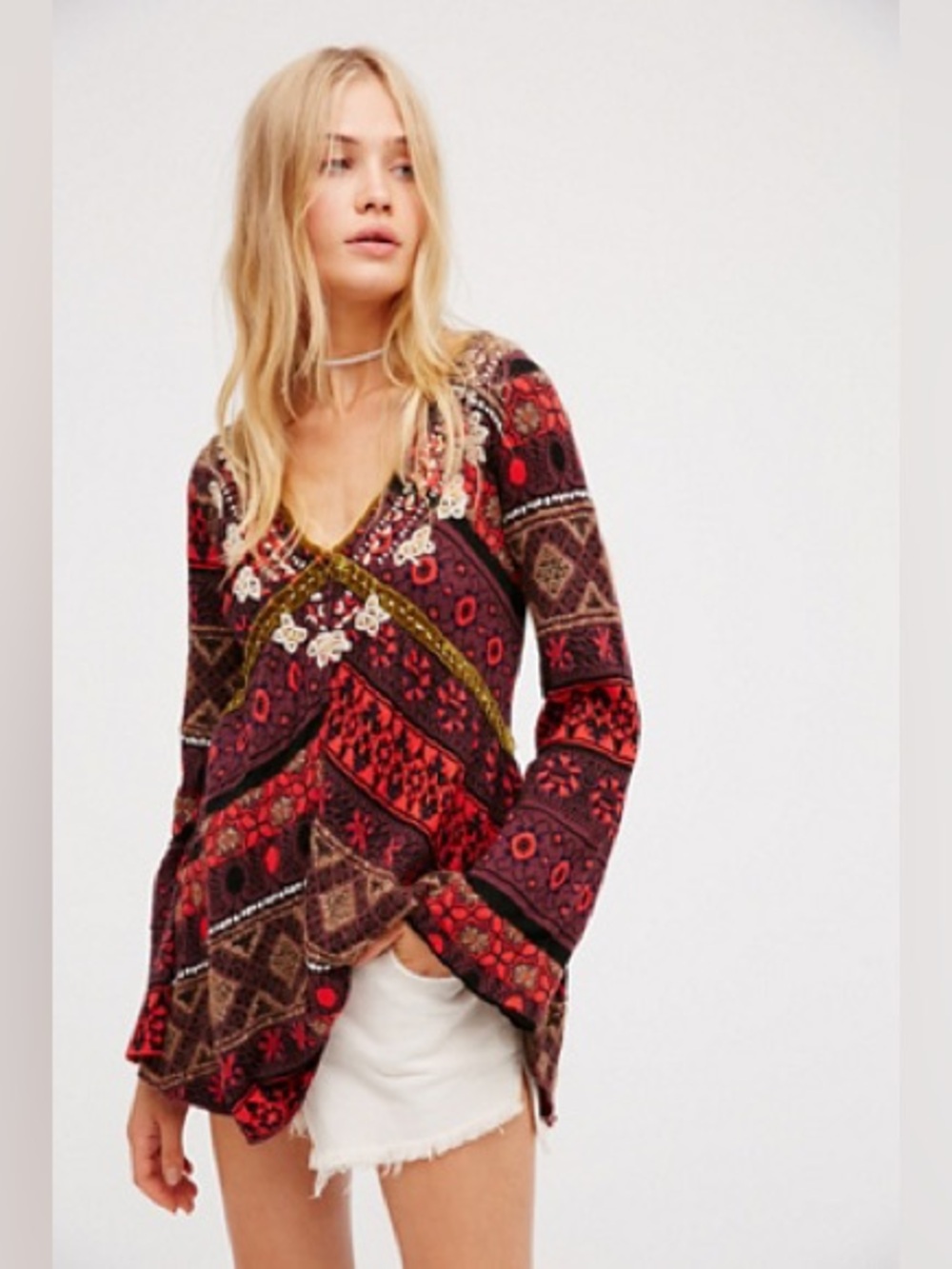 Free People World Traveler Embellished V-Neck Long Sleeve Tunic Purple Alpaca